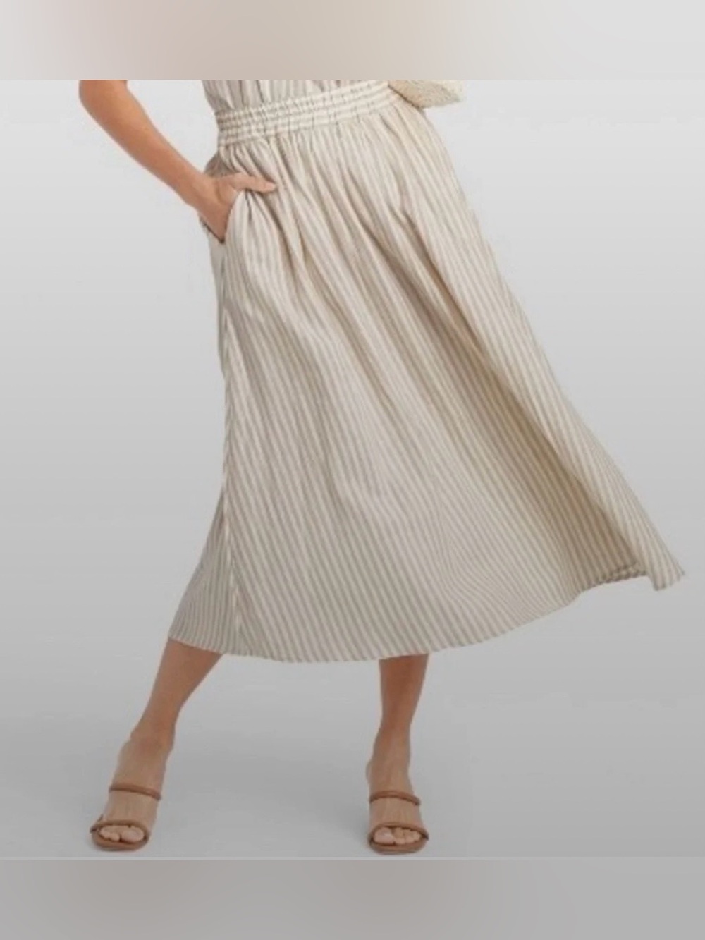 a new day Beige & Cream Striped Linen Blend Midi Flowy Skirt Elastic Waistband M